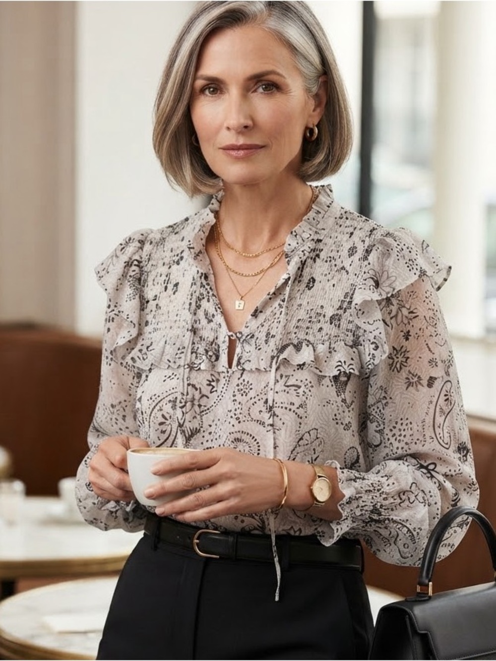Sheer Floral Paisley Cream and Black Euro Chic Romantic Ruffle-Trim Blouse